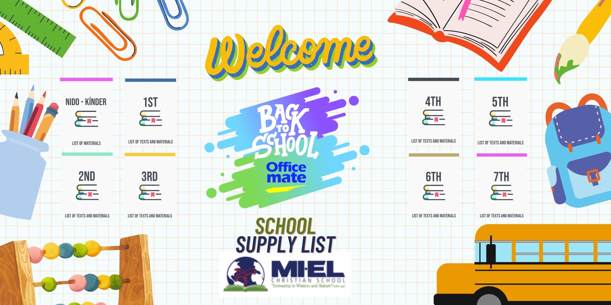 Banner regreso a clases 2025 con listas de útiles escolares de MIEL Christian School disponibles en Officemate