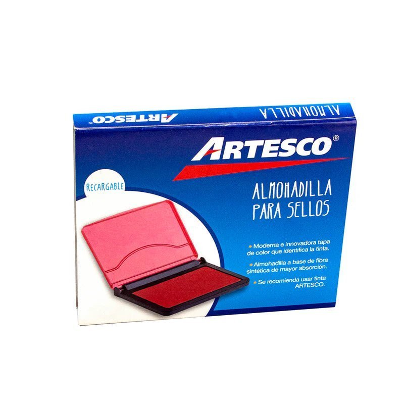 Almohadilla #2 con tinta roja de Artesco, ideal para sellos manuales en oficinas y negocios. Officemate