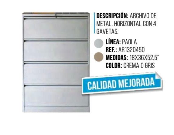 Archivo de metal horizontal con 4 gavetas color gris de Atlantic, ideal para organización de documentos.