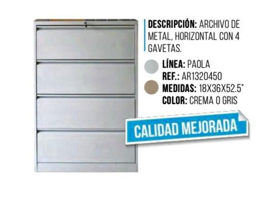 Archivo de metal horizontal con 4 gavetas color gris de Atlantic, ideal para organización de documentos.