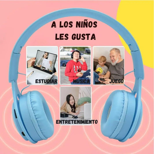 Auriculares Bluetooth Macaron para niños, color azul, con micrófono y diadema ajustable. Officemate