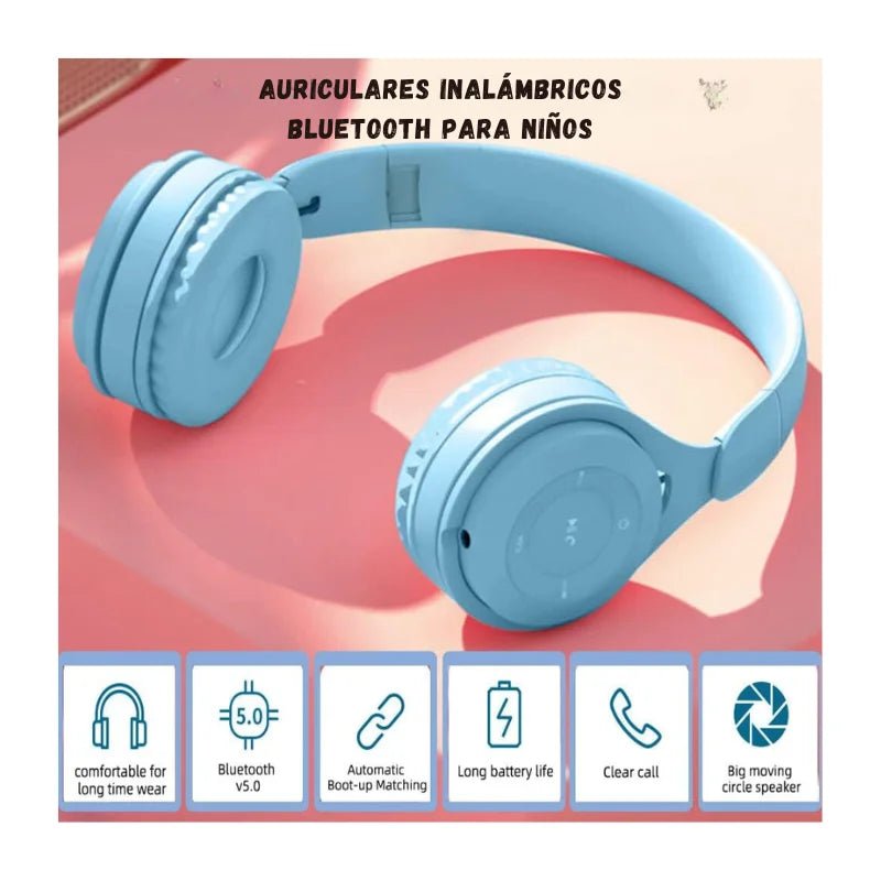 Auriculares Bluetooth Macaron para niños, color azul, con micrófono y diadema ajustable. Officemate