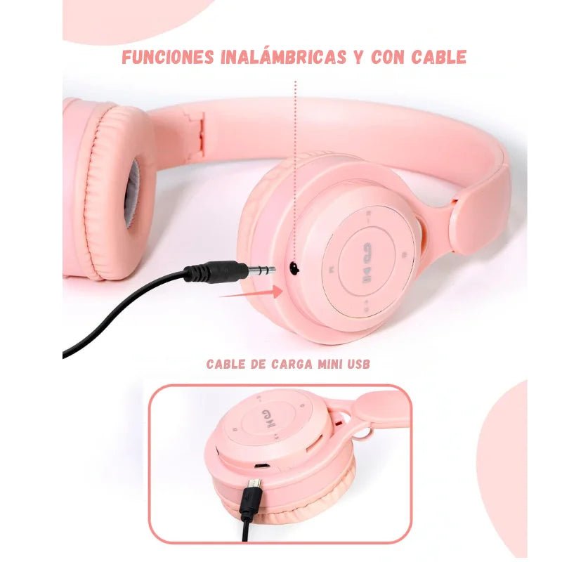 Auriculares Bluetooth Macaron para niños, color rosado, cómodos y con micrófono integrado. Officemate