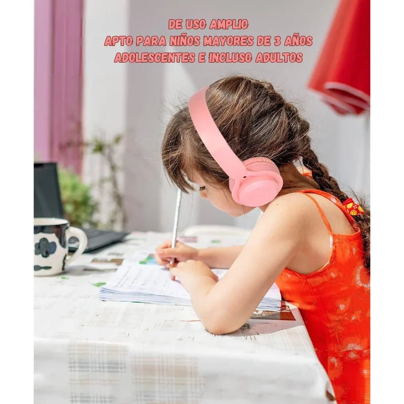 Auriculares Bluetooth Macaron para niños, color rosado, cómodos y con micrófono integrado. Officemate