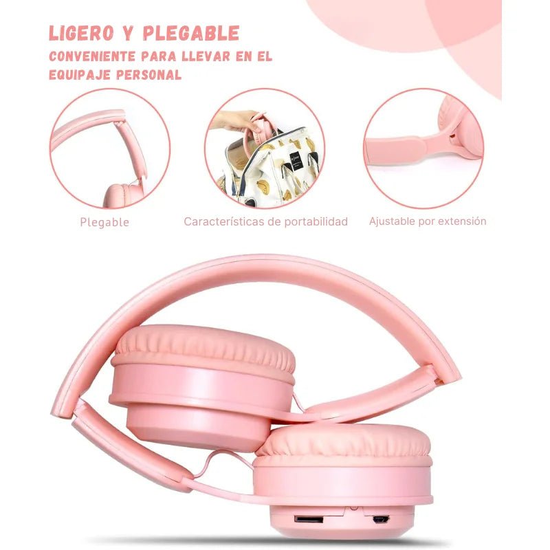 Auriculares Bluetooth Macaron para niños, color rosado, cómodos y con micrófono integrado. Officemate