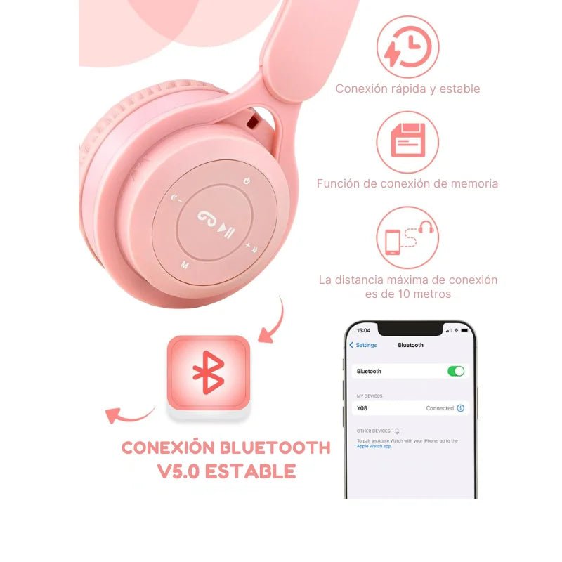Auriculares Bluetooth Macaron para niños, color rosado, cómodos y con micrófono integrado. Officemate