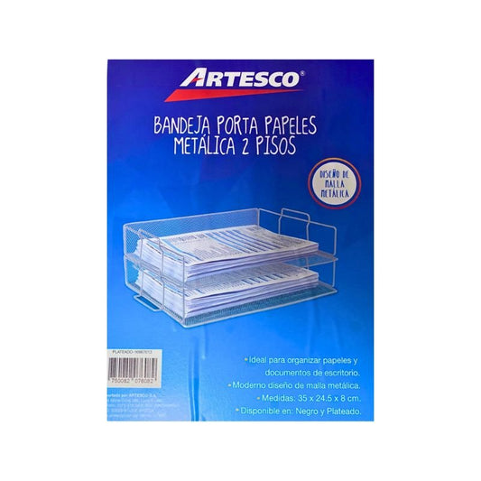 Bandeja portapapeles metálica dos niveles plateada de Artesco, ideal para organizar documentos.