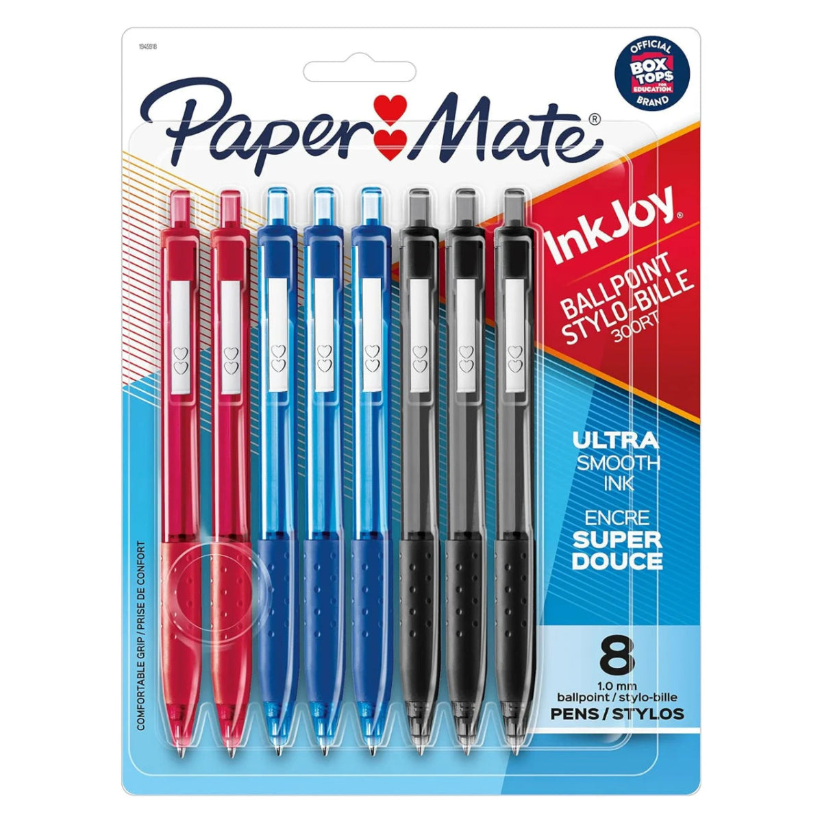 Pack de 8 bolígrafos retráctiles InkJoy 300RT de Paper Mate en colores negro, azul y rojo. Escritura suave y sin manchas - Officemate