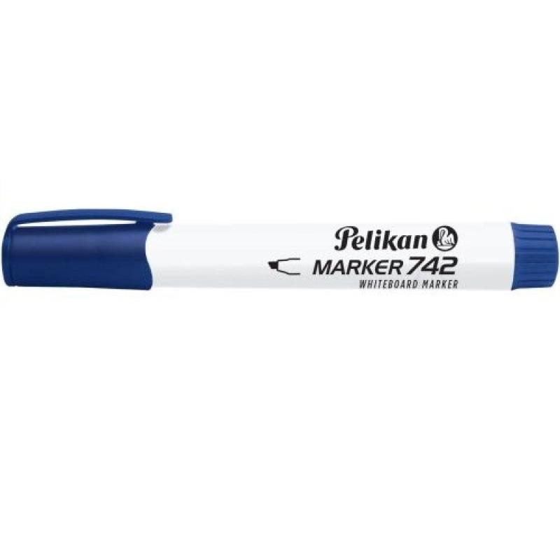 Caja de 10 marcadores Pelikan 742 azul recargables con tinta de secado rápido y punta biselada. Officemate