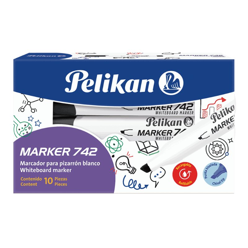 Caja de 10 marcadores Pelikan 742 negro recargables con tinta de secado rápido y punta biselada. Officemate