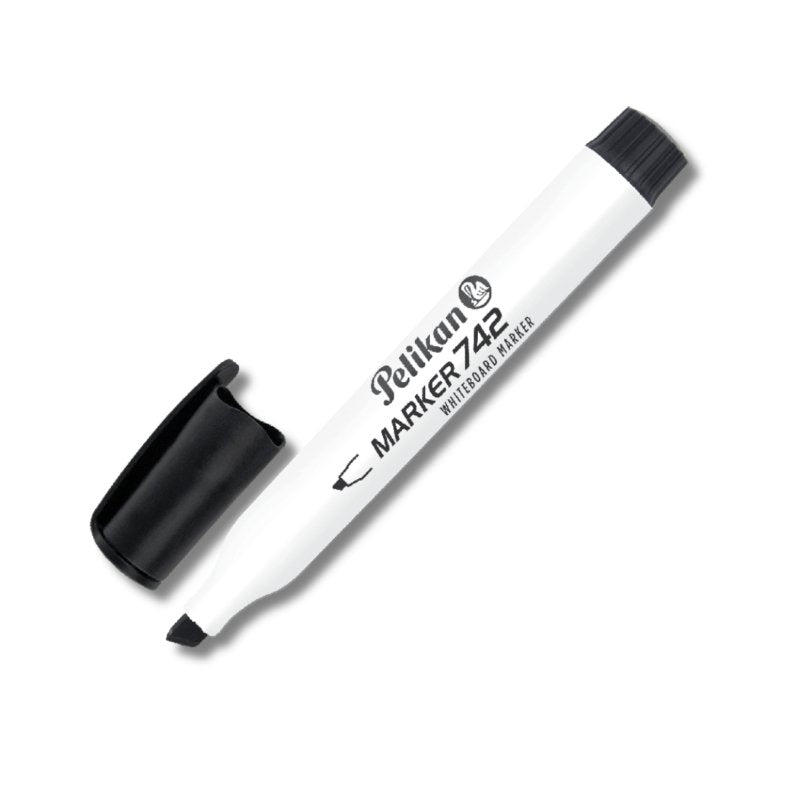 Caja de 10 marcadores Pelikan 742 negro recargables con tinta de secado rápido y punta biselada. Officemate