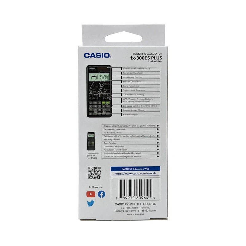 Calculadora Científica Casio FX-300ES Plus 2da Edición, contraportada de la caja con especificaciones. Disponible en Officemate República Dominicana.
