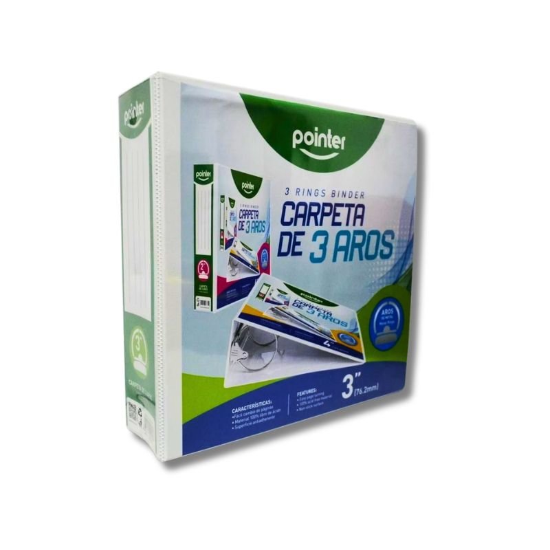 Carpeta de 3" con plástico frontal blanca de Pointer, ideal para organizar documentos.
