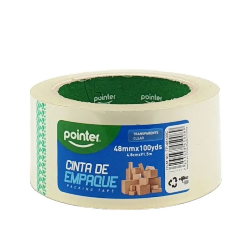 Cinta de empaque transparente Pointer, medidas 2" x 100 yardas, ideal para proyectos grandes y embalaje profesional. Disponible en Officemate.