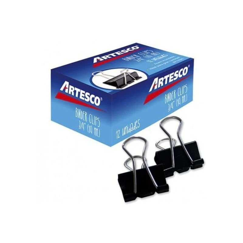 Clips Binder de 3/4 pulgadas (19 mm) de Artesco, set de 12 unidades, ideal para organizar documentos en oficinas o escuelas.