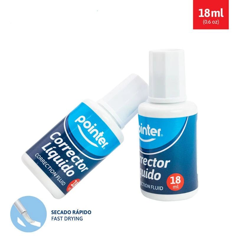 Corrector líquido Pointer de 18 ml con brocha de precisión y secado rápido. Ideal para oficina y escuela. ¡Disponible en Officemate!