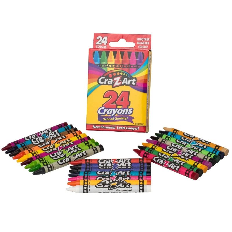 Caja de 24 crayones Cra-Z-Art con colores intensos y textura suave, ideales para la escuela y el hogar. ¡Disponible en Officemate!