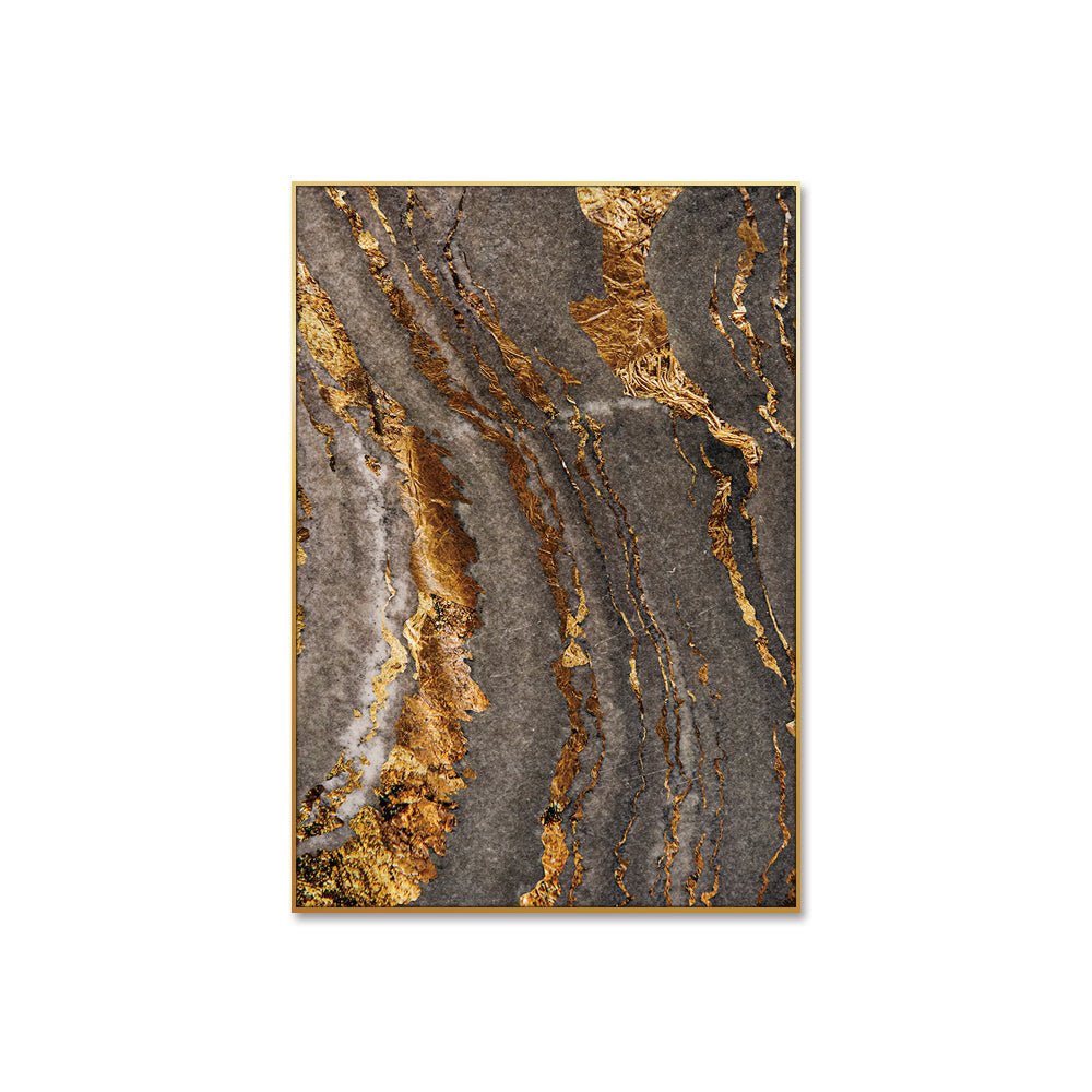 Este es un cuadro abstracto con vetas doradas y grises que se entrelazan, creando un diseño elegante y moderno. Las líneas doradas irregulares añaden profundidad y textura, mientras que el fondo gris varía en tonalidad. El marco de color oro complementa las vetas doradas en el arte interior. Este cuadro sería una adición estética ideal para cualquier oficina, aportando sofisticación y fomentando un ambiente de trabajo positivo e inspirador.  Dimensión: 30'' x 40''