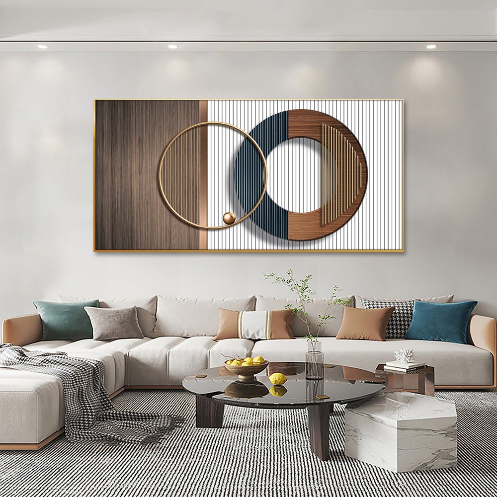 Este cuadro de arte abstracto y moderno, con su combinación de texturas de madera y metal, aportará un toque de sofisticación a tu oficina. Su diseño, que incluye un anillo dorado y una esfera de color bronce, junto con las rayas verticales de colores contrastantes, inspirará innovación y pensamiento creativo. ¡Un arte que combina funcionalidad y estilo! Dimension: 25'' x 50''