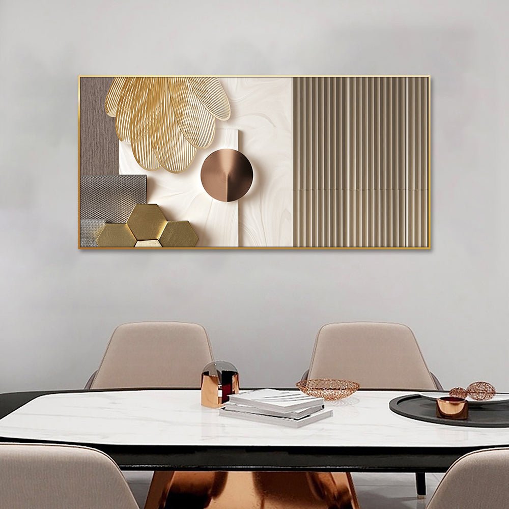 Este cuadro moderno y abstracto, con su combinación de texturas y formas geométricas, aportará un toque de sofisticación a tu oficina o área de espera. Sus elementos dorados y su diseño inspirado en la naturaleza y la geometría promoverán un ambiente de calma y creatividad. ¡Un arte que combina funcionalidad y estilo! Dimension: 25'' x 50''