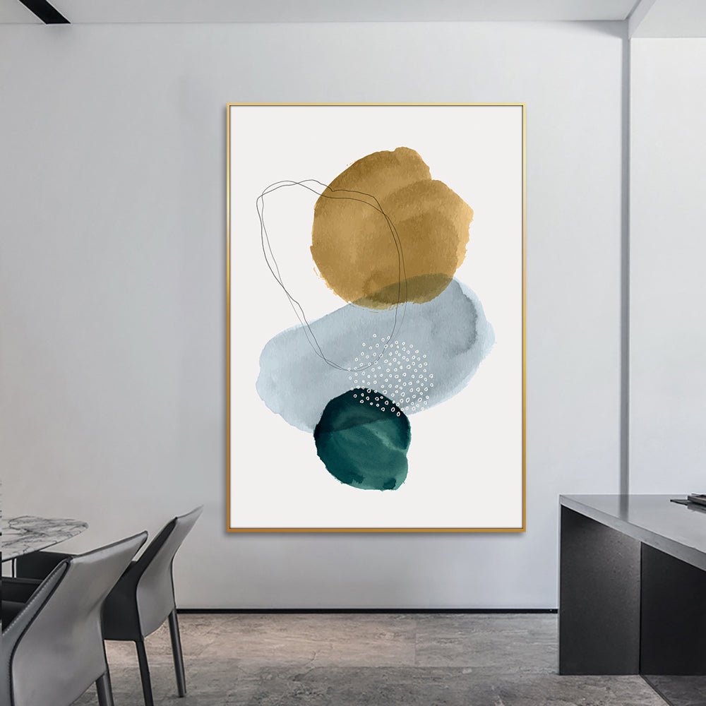 Este cuadro de arte abstracto, con su diseño de formas y colores variados, aportará un toque de sofisticación y elegancia a tu oficina o sala de espera. Sus elementos prominentes, un círculo marrón dorado, un óvalo delineado en negro, un círculo azul claro con puntos blancos y un semicírculo verde azulado oscuro, se destacan contra el fondo blanco, creando un contraste visual atractivo. ¡No pierdas la oportunidad de transformar tu espacio! Adquiérelo ahora en Officemate.