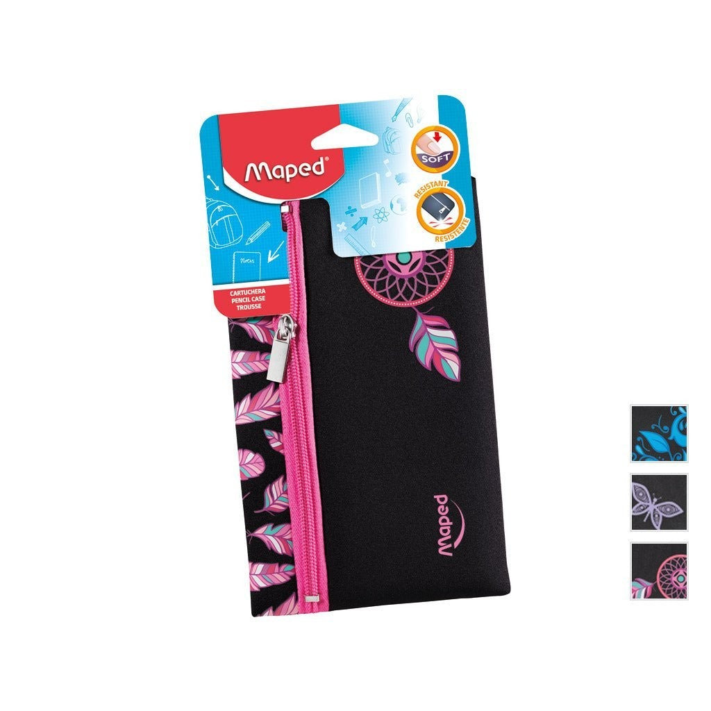 Estuche de neopreno Maped Totem negro con atrapasueños rosado en su empaque