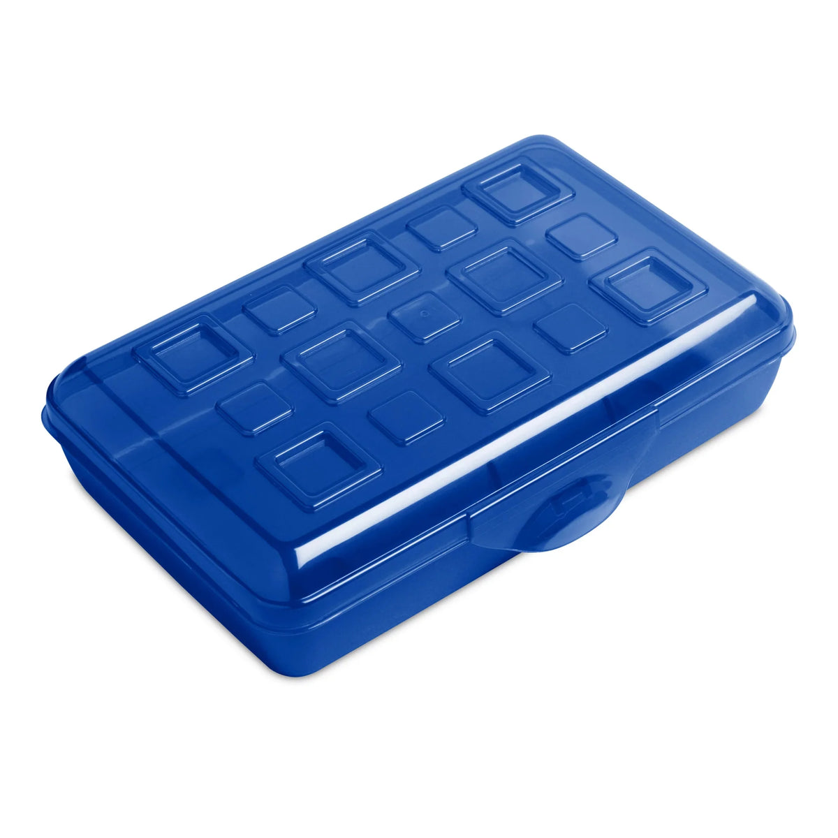 Estuche pequeño para lápices Sterilite azul cerrado, vista frontal