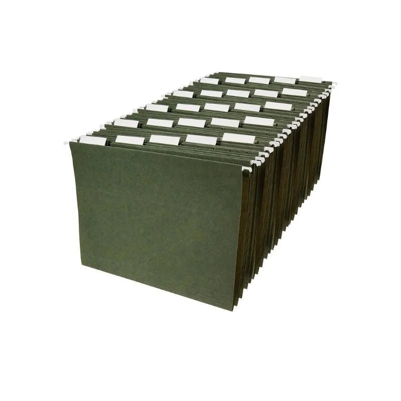 Folders colgantes Pendaflex 8.5x13 Ampoflex, color verde, 25 unidades, ideales para organizar documentos legales. ¡Disponible en Officemate!