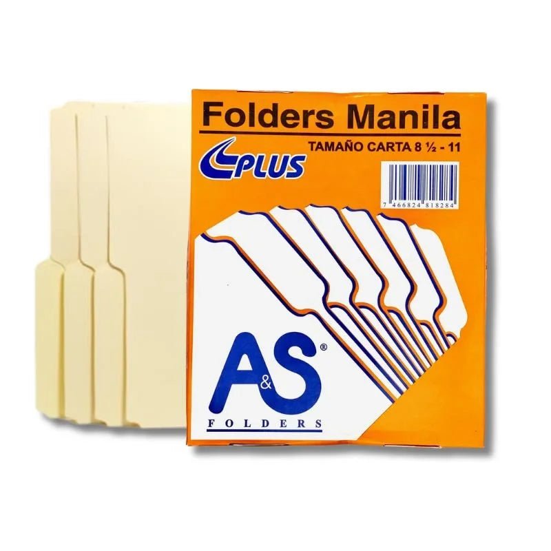 Pack de 100 Folders Manila tamaño carta 8.5 x 11 de AS Folders Plus, ideales para organizar documentos. Officemate