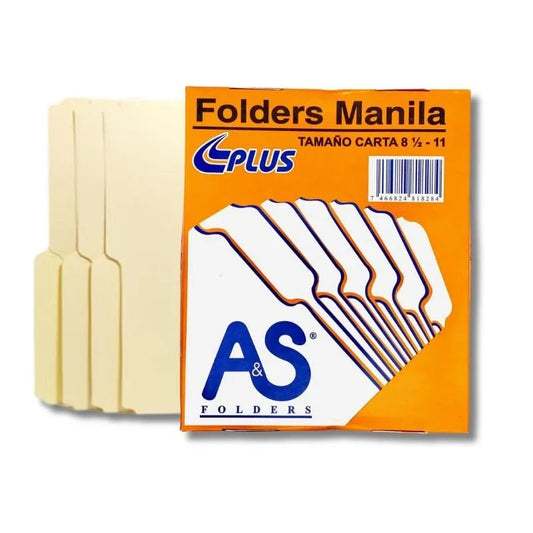 Pack de 100 Folders Manila tamaño carta 8.5 x 11 de AS Folders Plus, ideales para organizar documentos. Officemate