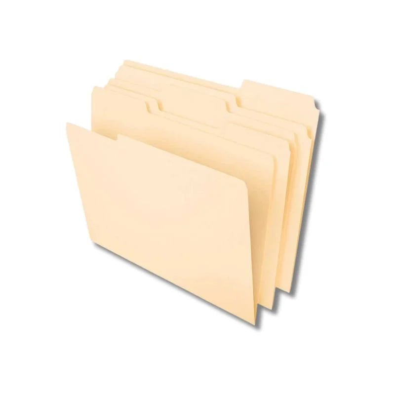 Pack de 100 Folders Manila tamaño carta 8.5 x 11 de AS Folders Plus, ideales para organizar documentos. Officemate