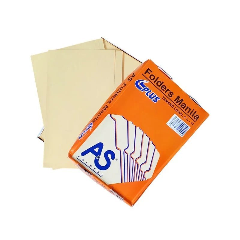 Pack de 100 Folders Manila tamaño legal 8.5 x 14 de AS Folders Plus, ideales para documentos legales. Officemate