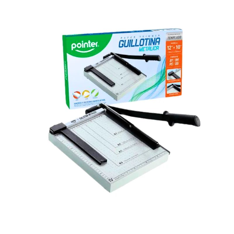 Guillotina Metálica Pointer de 12" x 10", con base resistente y cuchilla afilada, ideal para cortes precisos. ¡Disponible en Officemate!