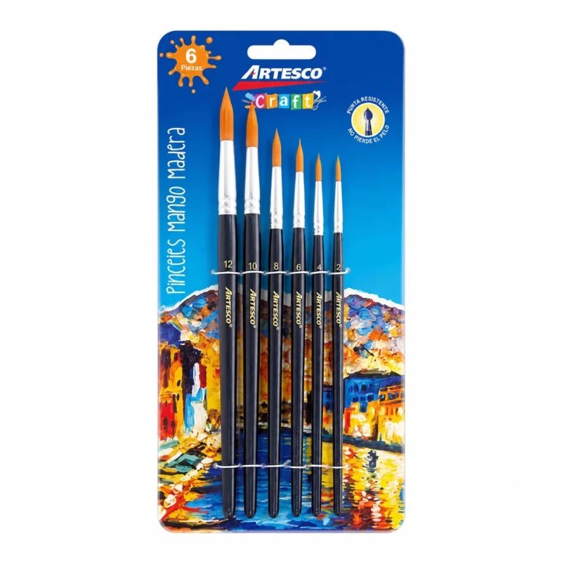 Juego de Pinceles 6/1 Mango de Madera Color Negro - Artesco