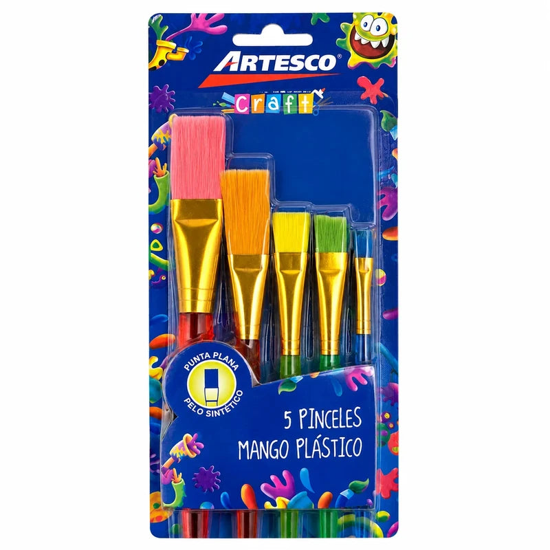 Juego de Pinceles Craft Artesco, 5 unidades de punta plana en tamaños graduados, cerdas de pelo sintético y mango plástico de colores. Disponible en Officemate República Dominicana.