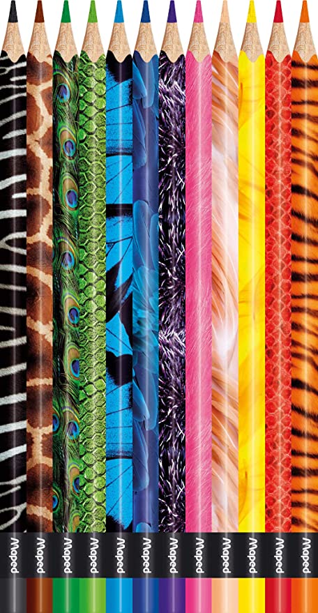 Doce lápices de colores Maped Color Peps Animal alineados, con estampados de piel animal y puntas de colores