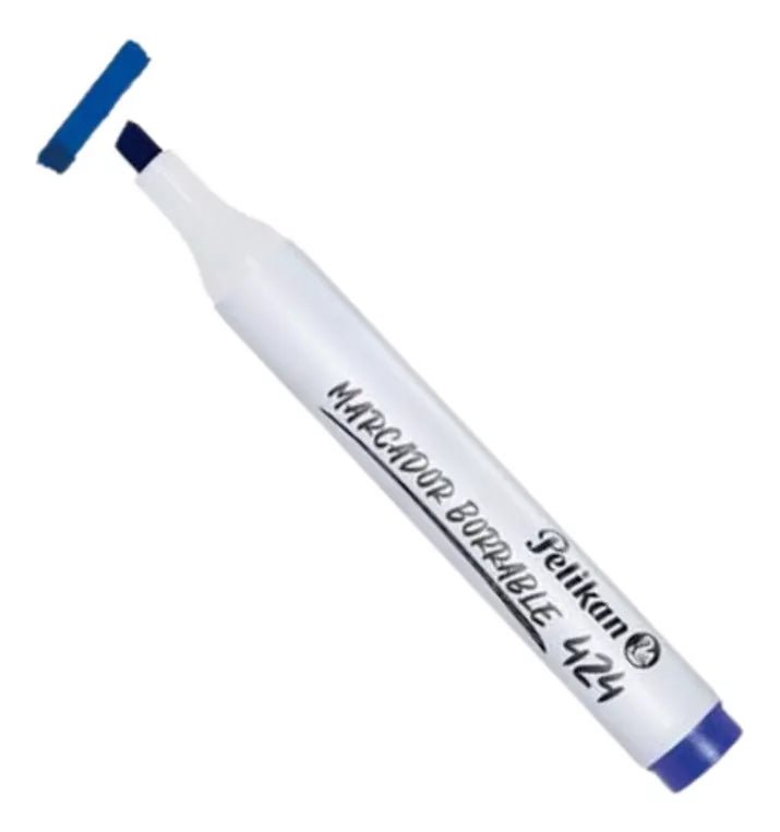 Marcador de pizarra azul Pelikan 424 con tinta de secado rápido y punta biselada para trazos precisos. Officemate