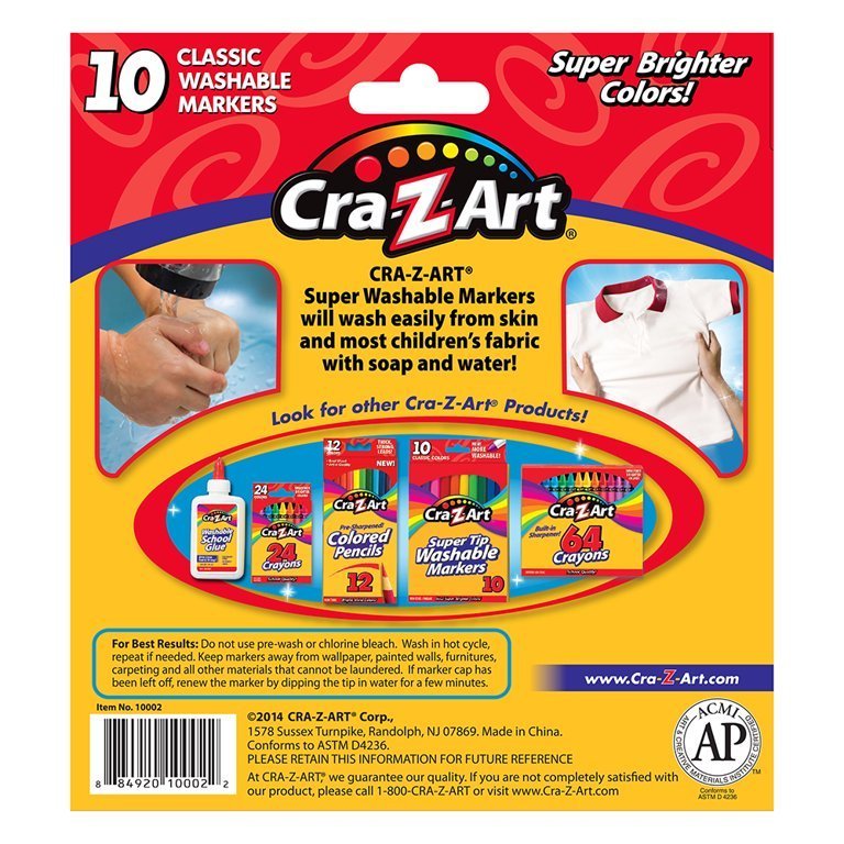 Set de 10 marcadores lavables "Super Washable" Cra-Z-Art, ideales para niños y fáciles de limpiar.