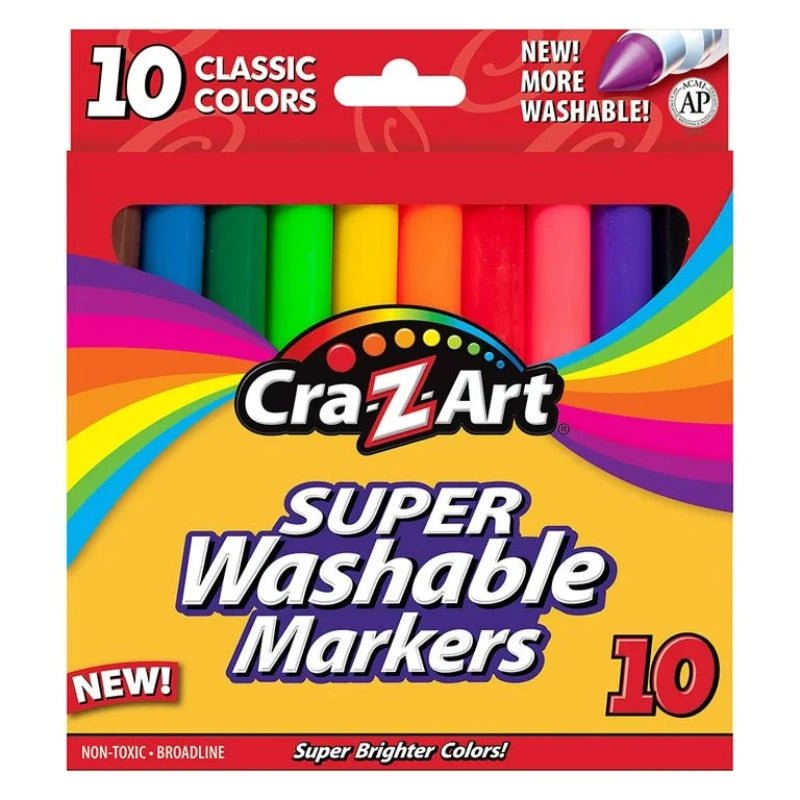 Set de 10 marcadores lavables "Super Washable" Cra-Z-Art, ideales para niños y fáciles de limpiar.
