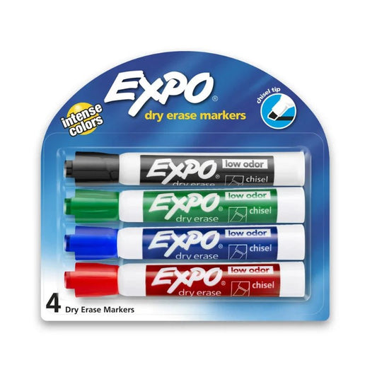 Marcadores para pizarra Expo, set de 4 colores, punta de cincel, tinta de bajo olor, ideales para oficina y hogar. Disponibles en Officemate.