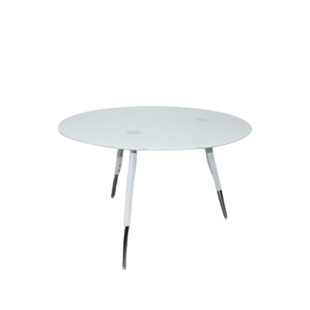 Mesa redonda blanca con superficie de cristal templado y patas metálicas, diseño moderno y elegante. Officemate
