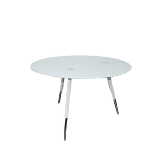 Mesa redonda blanca con superficie de cristal templado y patas metálicas, diseño moderno y elegante. Officemate