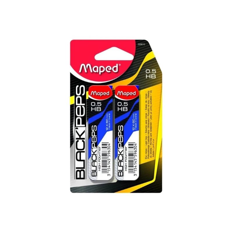 Minas 0.5 Blackpeps de Maped, pack de 2 tubos para lápices mecánicos.