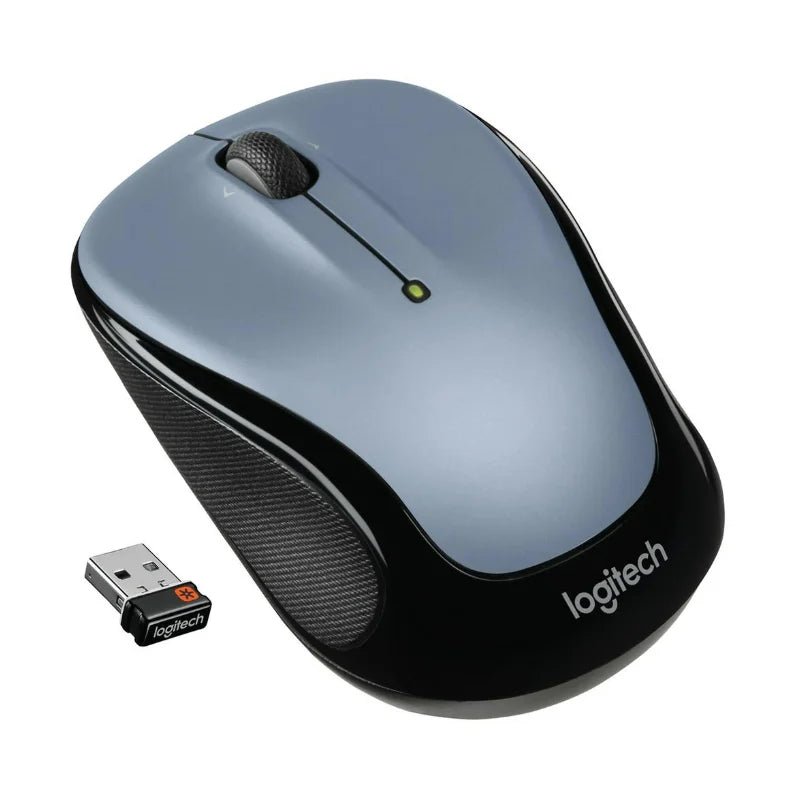 Mouse inalámbrico compacto de Logitech en color plateado, con conexión 2.4 GHz y receptor USB unificador. En Officemate