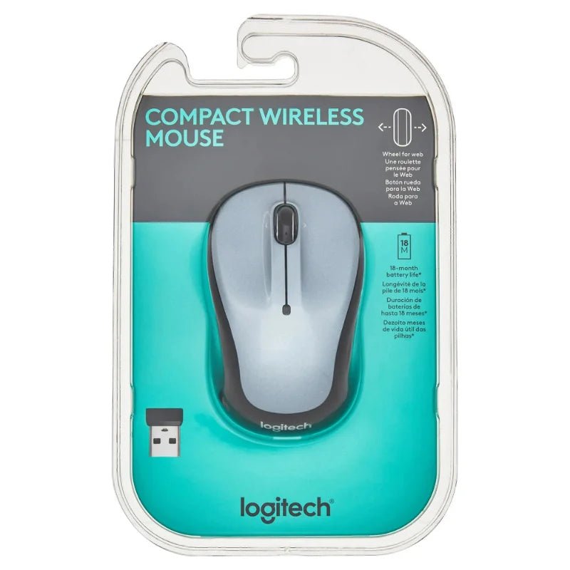 Mouse inalámbrico compacto de Logitech en color plateado, con conexión 2.4 GHz y receptor USB unificador. En Officemate