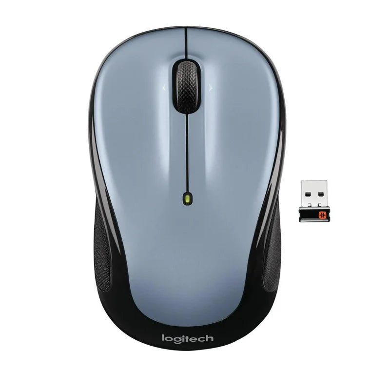 Mouse inalámbrico compacto de Logitech en color plateado, con conexión 2.4 GHz y receptor USB unificador. En Officemate