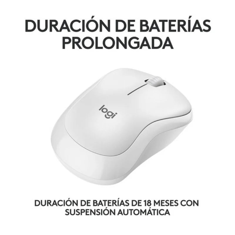 Mouse Logitech M220 blanco en ángulo, batería de 18 meses con suspensión automática