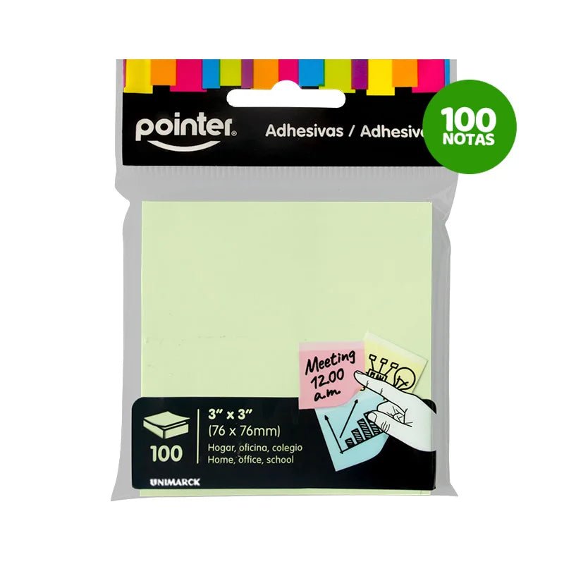 Bloc de notas adhesivas Pointer 3x3 en color verde pastel con 100 hojas. Officemate