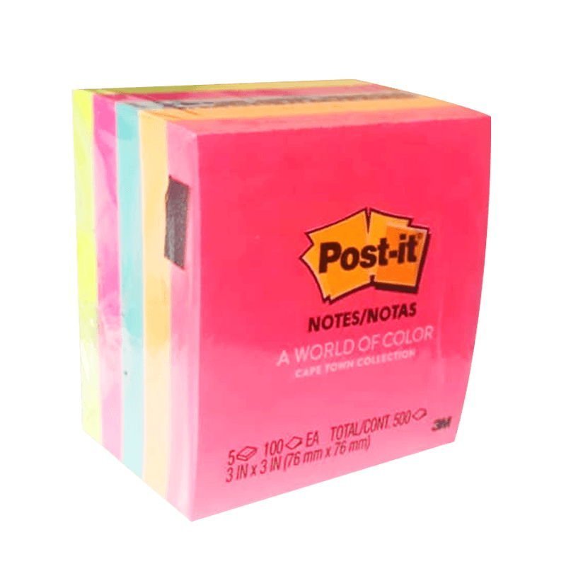 Cubo de notas adhesivas Post-it 3M en 3x3 pulgadas con 5 colores fluorescentes, ideal para organización y visibilidad - Officemate