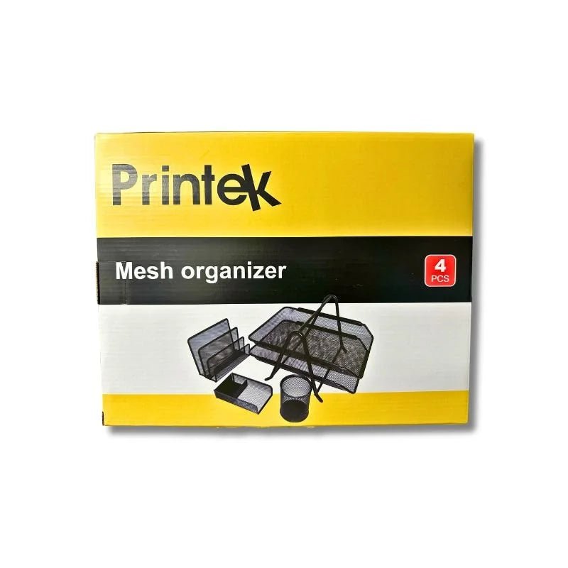 Organizador de escritorio metálico Printek de 2 niveles, 4 piezas en malla negra, ideal para oficinas y estudios. Officemate